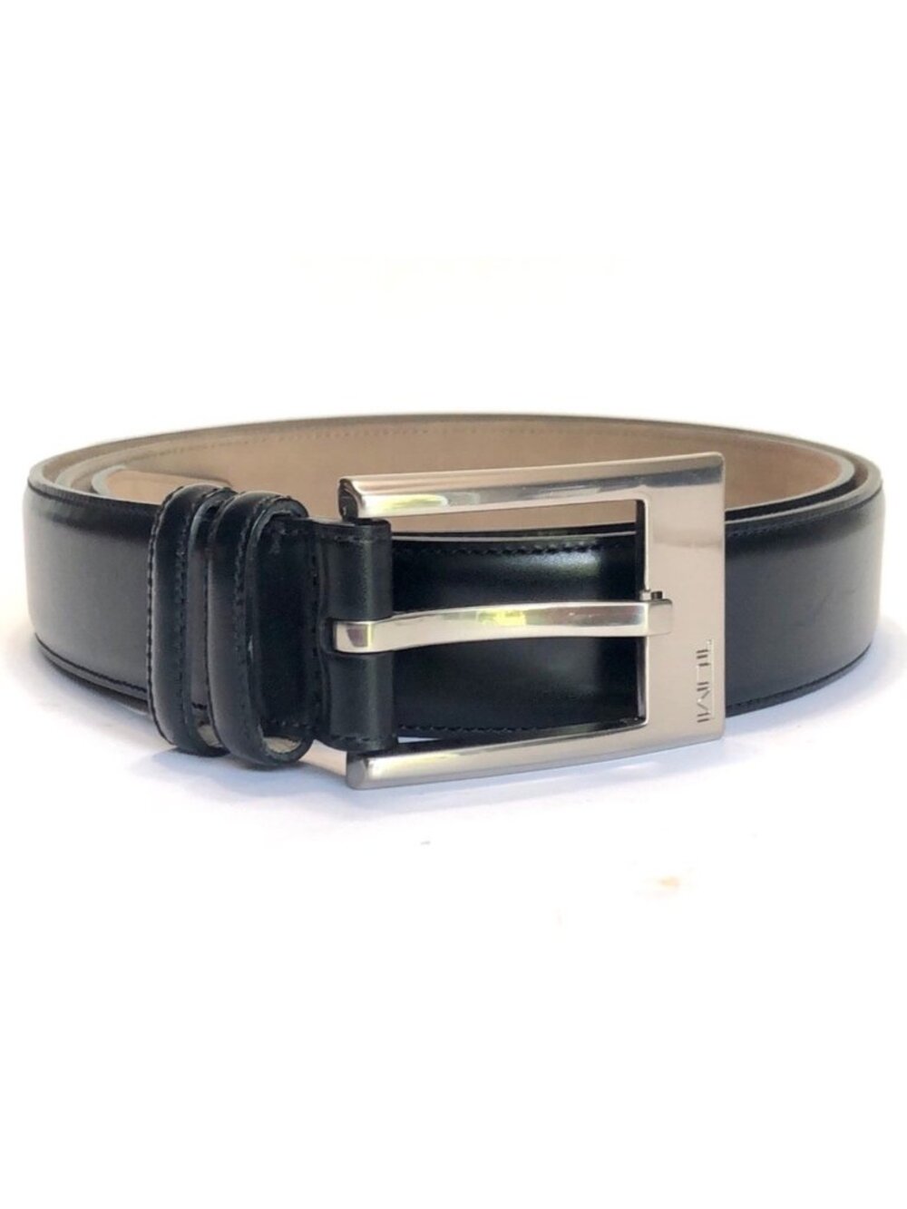 Tumi Smooth Leather Dress Belt Silver Buckle Mens 38 Black